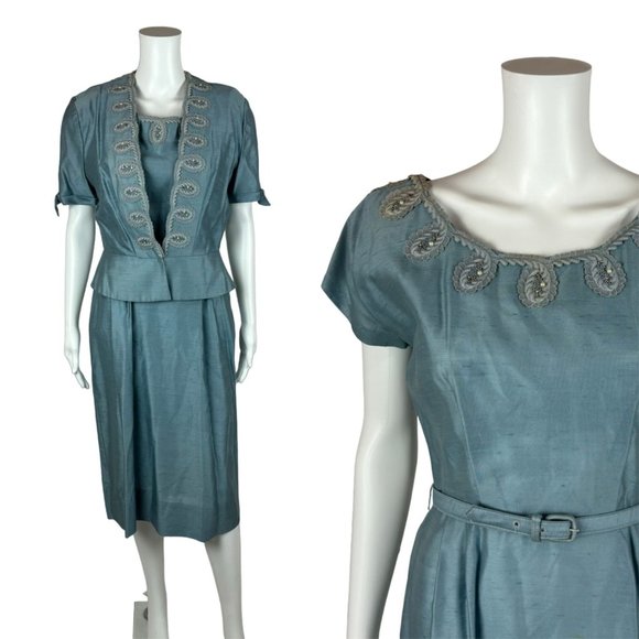 Vintage 1950s Dress Set Women's Small Faux Silk Blue Cocktail Outfit - Picture 1 of 15